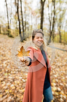 Woman holding yellow autumn leaves in the forest