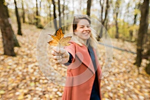 Woman holding yellow autumn leaves in the forest