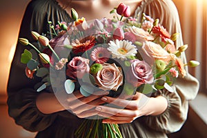 A woman holds a beautiful bouquet with roses, gerberas and tulips in her hands, close-up