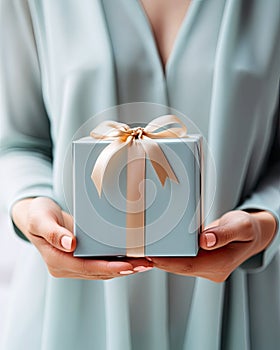 A woman holds a beautifully wrapped gift box. The focus on the gift symbolizes appreciation, thoughtfulness