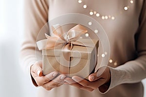 A woman holds a beautifully wrapped gift with a golden bow, conveying the joy of giving. Warm lights glow in