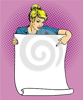 Woman holds blank white paper poster. Pop art comic retro style vector illustration. Put your own text template