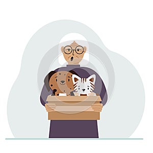 A woman holds a cardboard box with a cat and a dog. The concept of rescue, help and care for pets.