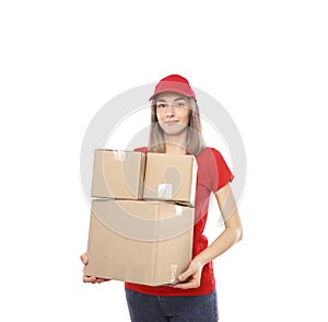 Woman holds cardboard boxes in hands, isolated on white background