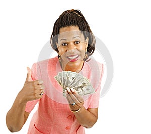 Woman Holds Cash - Thumbsup