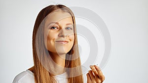 Woman holds contact lens on her finger. Eyewear, eyesight and vision, eye care and health, ophthalmology and optometry concept