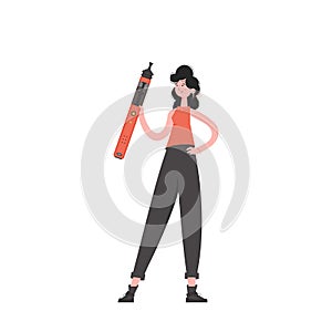 A woman holds an electronic cigarette in her hands. Flat style. Isolated. Vector illustration.