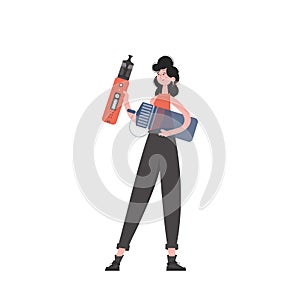 A woman holds an electronic cigarette in her hands. Flat style. Isolated on white background. Vector illustration.