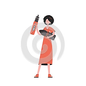 A woman holds an electronic cigarette in her hands. Trendy style with soft neutral colors. Isolated. Vector illustration