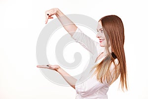 Woman holds empty hand copy space for product