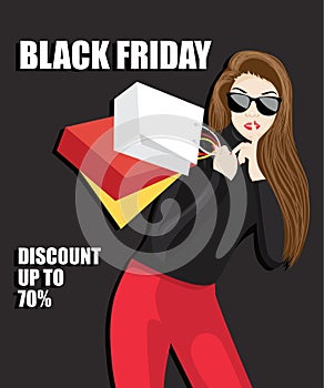 Woman holds finger on lips. Attractive woman in red dress, woman making gesture silence. Discount, sale, season sales. black