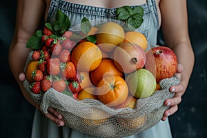 A woman holds fresh strawberries, apples and oranges in mesh bags.