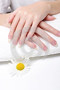 Woman holds hands on towel for manicure treatment procedure in spa salon. Beautiful hands of young woman close-up on towel.