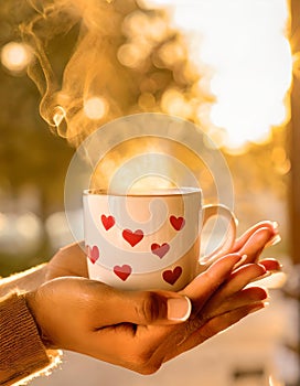 A woman holds with her hands a cup decorated with red hearts