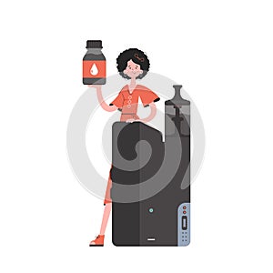 A woman holds in her hands a pod system for vaping. Flat style. Isolated on white background. Vector illustration.