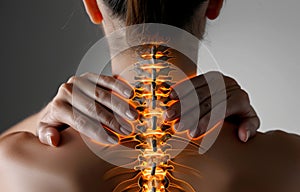 Woman holds her neck in pain with glowing spine.