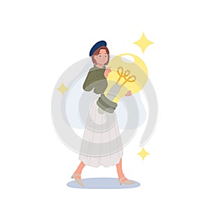 Woman holds a large light bulb in her hand. New creative idea, problem solved, creative thinking, innovation, brain activity,