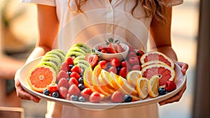 Woman holds a large plate fruit, oranges, kiwis, and strawberries, Generative AI