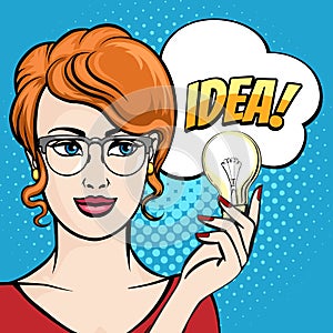Woman Holds Light Bulb with Speech Bubble drawn in Pop Art Style. Vector illustration