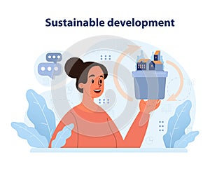 Woman holds miniature eco-city, envisioning sustainable development. Flat vector illustration.
