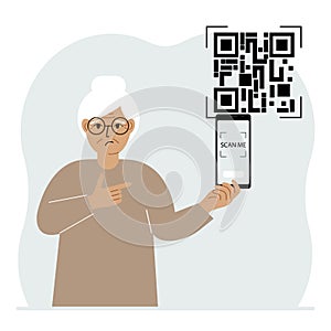 A woman holds a mobile phone in his hand with the text scan me and scans the qr code, which is located nearby.