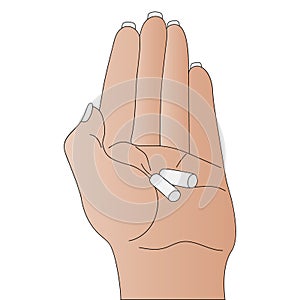 Woman holds pills in her palm. Bright skin. Vector illustration. Medicines prescribed by your doctor.  Lady and medicine.
