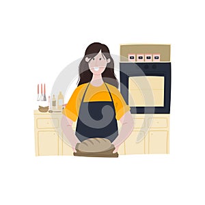 Woman holds ready-made bread in her hands. Home baking, cooking homemade bread. Cartoon hand drawn doodle style concept