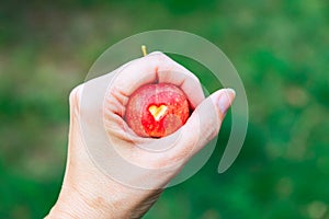 A woman holds a red crab Apple with a heart in his hand. An Apple on a green blurry background