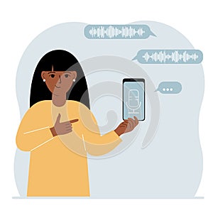 A woman holds a smartphone using a voice assistant application. Voice recognition concept. Smart speaker applications