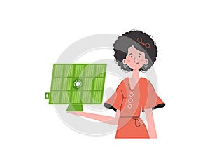 A woman holds a solar panel in her hand. Eco energy concept. Isolated. Vector. trendy style.