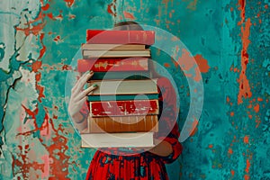 A woman holds a stack of books in front of her face