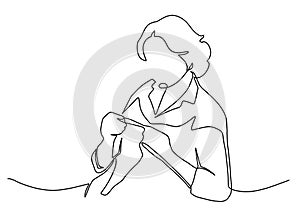 Woman holds thermometer. infected woman measuring her temperature with thermometer Continuous line drawing of sick woman laying in