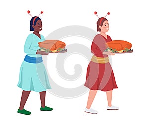 Woman holds turkey platter semi flat color vector character set