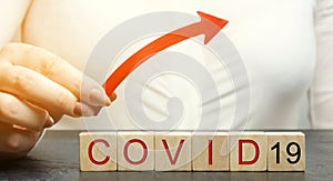 Woman holds up arrow over the word Covid-19. The concept of increased mortality and the diagnosis of new cases of coronavirus photo