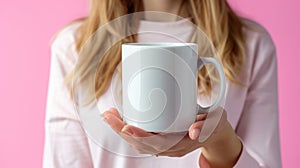 Woman holds white mock up template coffee mug, close up female hands.