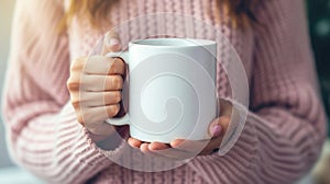 Woman holds white mock up template coffee mug, close up female hands.