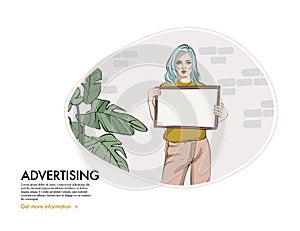 Woman holiding sign, Girl with blank paper board advertising illustration. Fashion people art with poster, social media banner.