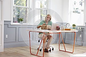 Woman At Home Addressing Package For Mailing