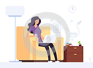 Woman at home office. Girl working with laptop. Professional businesswoman works with computer in home interior. Vector
