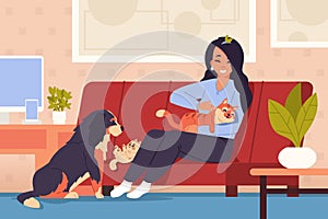 Woman at home with pets. Cartoon girl character relaxing on couch with orange striped cat, little kitten and friendly