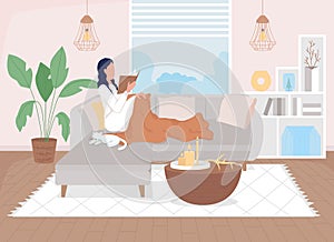 Woman at home resting flat color vector illustration