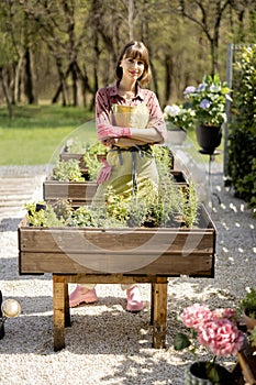 Woman at home vegetable garden in the backyard of her house