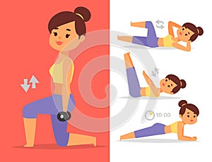 Woman home workout vector exercising at home fitness character training coaching healthy living and diet concept