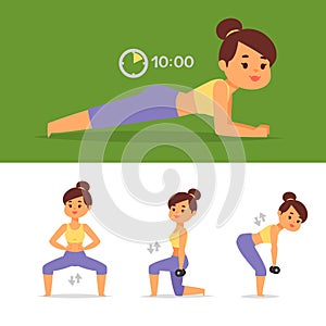 Woman home workout vector exercising at home fitness character training coaching healthy living and diet concept