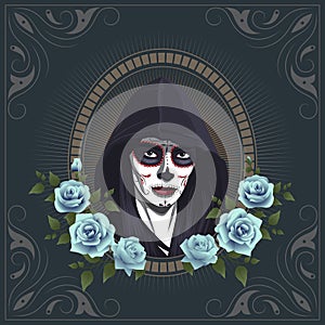 Woman with hoodie with dia de muertos face painting