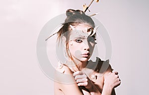 Woman with horns and thorns fantasy creature. Mystic fairy tail character. Halloween ideas concept. Girl with thorns as