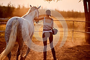 Woman and horse on a ranch on a sunny summer day