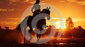 Woman and Horse Silhouette at Sunset. Graceful Equestrian. Generative AI