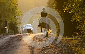 Woman horseback riding on country road