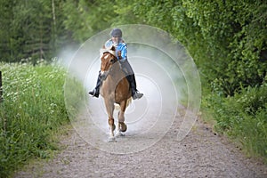 Woman horseback riding on country road